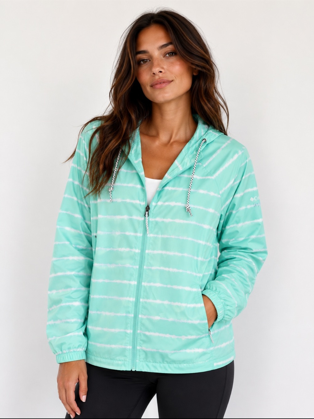Columbia Mint Green and White Striped Lightweight windbreaker jacket